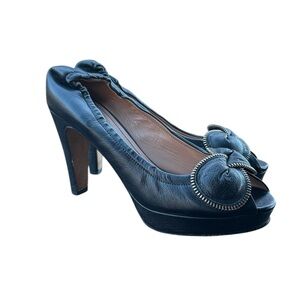 See by Chloe Peep Toe Bow Platform Black Leather Heels